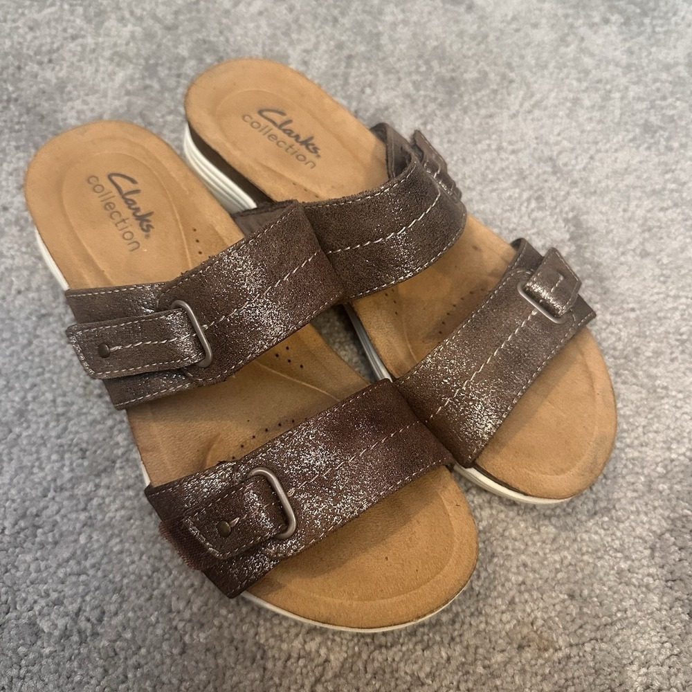 Clarks April Dusk Sandals Womens Size 6 Bronze Metallic Textile Slip On